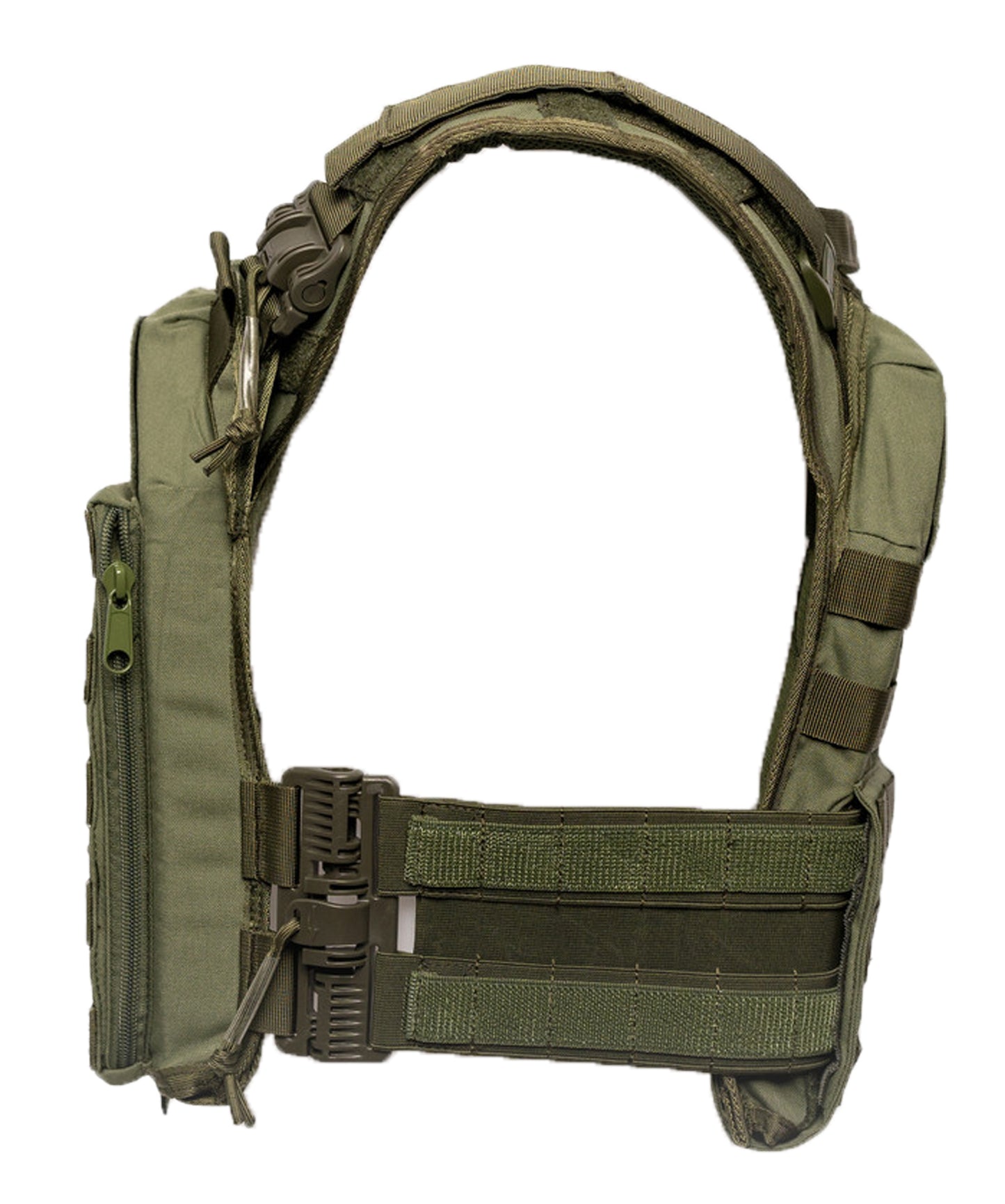 Green tactical vest with multiple pouches and straps on a white background