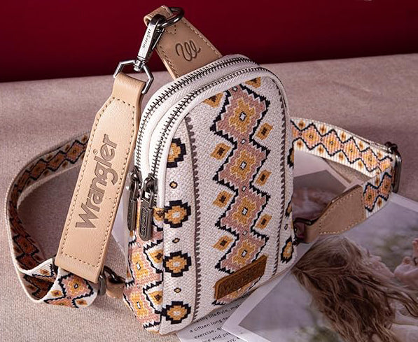 Wrangler Aztec Crossbody Sling Bag – Authentic Small Canvas Purse with Adjustable Strap- Multiple Colours