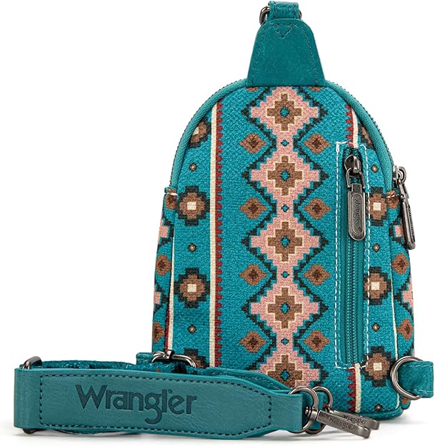 Wrangler Aztec Crossbody Sling Bag – Authentic Small Canvas Purse with Adjustable Strap- Multiple Colours