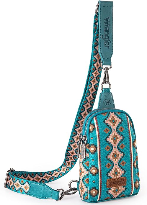 Wrangler Aztec Crossbody Sling Bag – Authentic Small Canvas Purse with Adjustable Strap- Multiple Colours