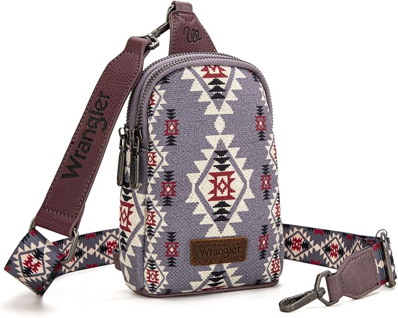 Wrangler Aztec Crossbody Sling Bag – Authentic Small Canvas Purse with Adjustable Strap- Multiple Colours