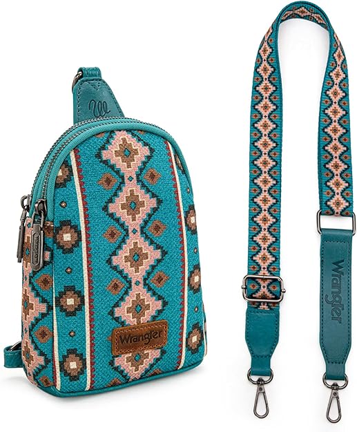 Wrangler Aztec Crossbody Sling Bag – Authentic Small Canvas Purse with Adjustable Strap- Multiple Colours