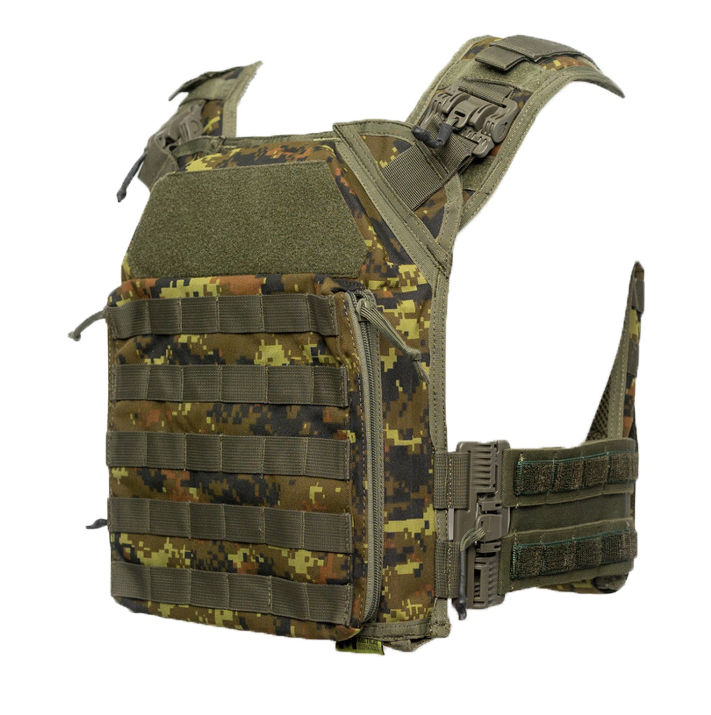 Camouflage tactical vest with multiple pouches and straps on a white background