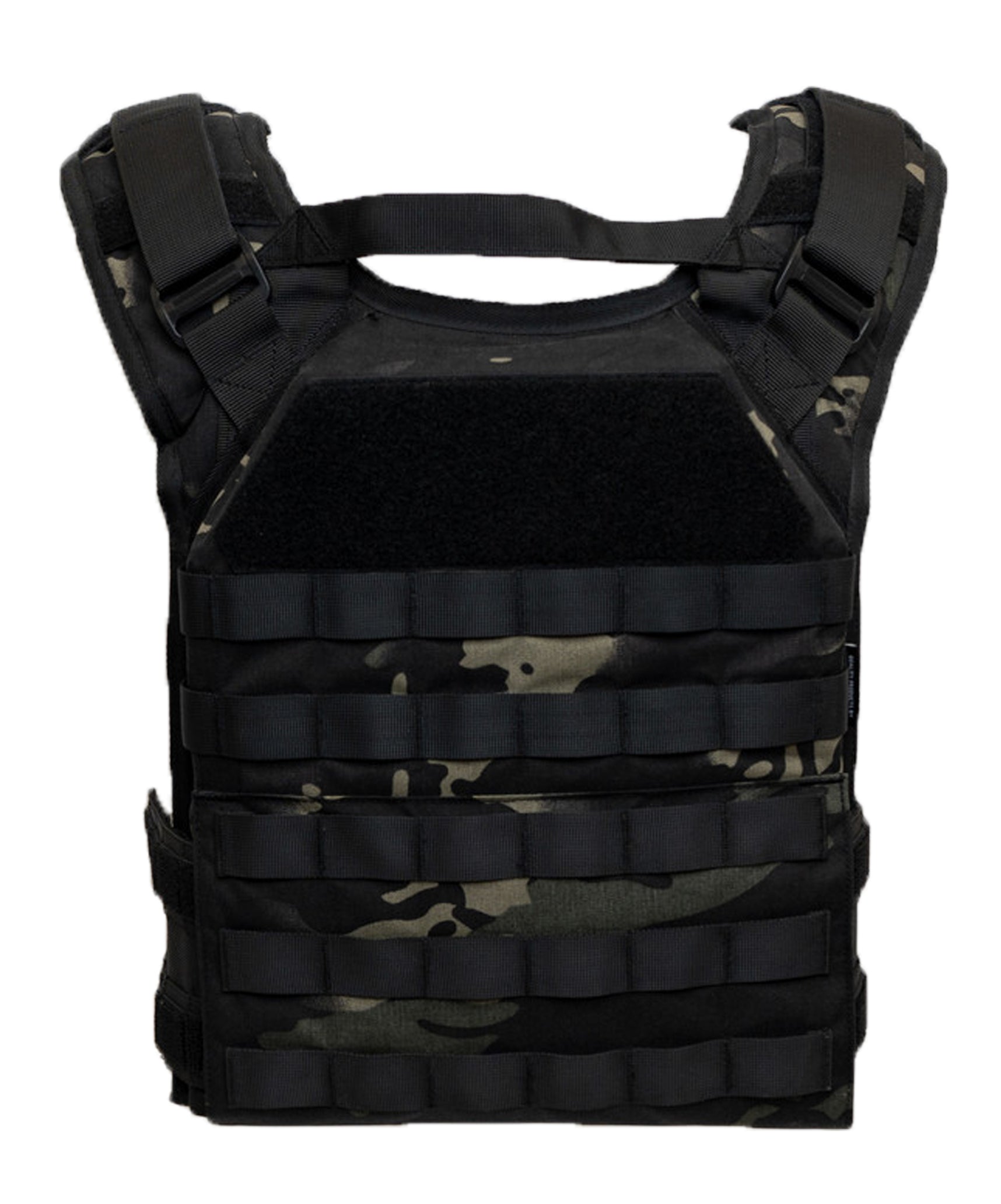Black tactical vest with camouflage pattern on a white background