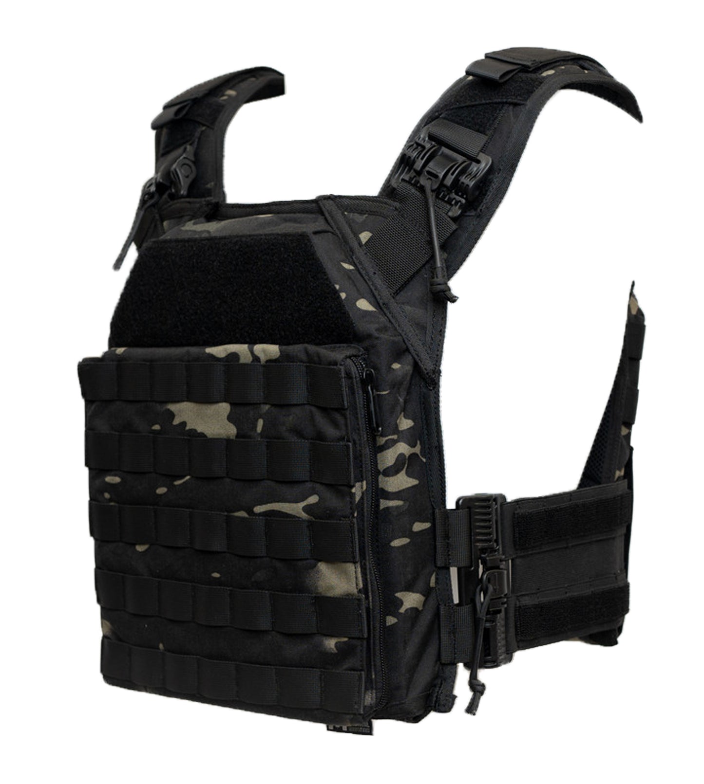 Black tactical vest with camouflage patterns on a white background