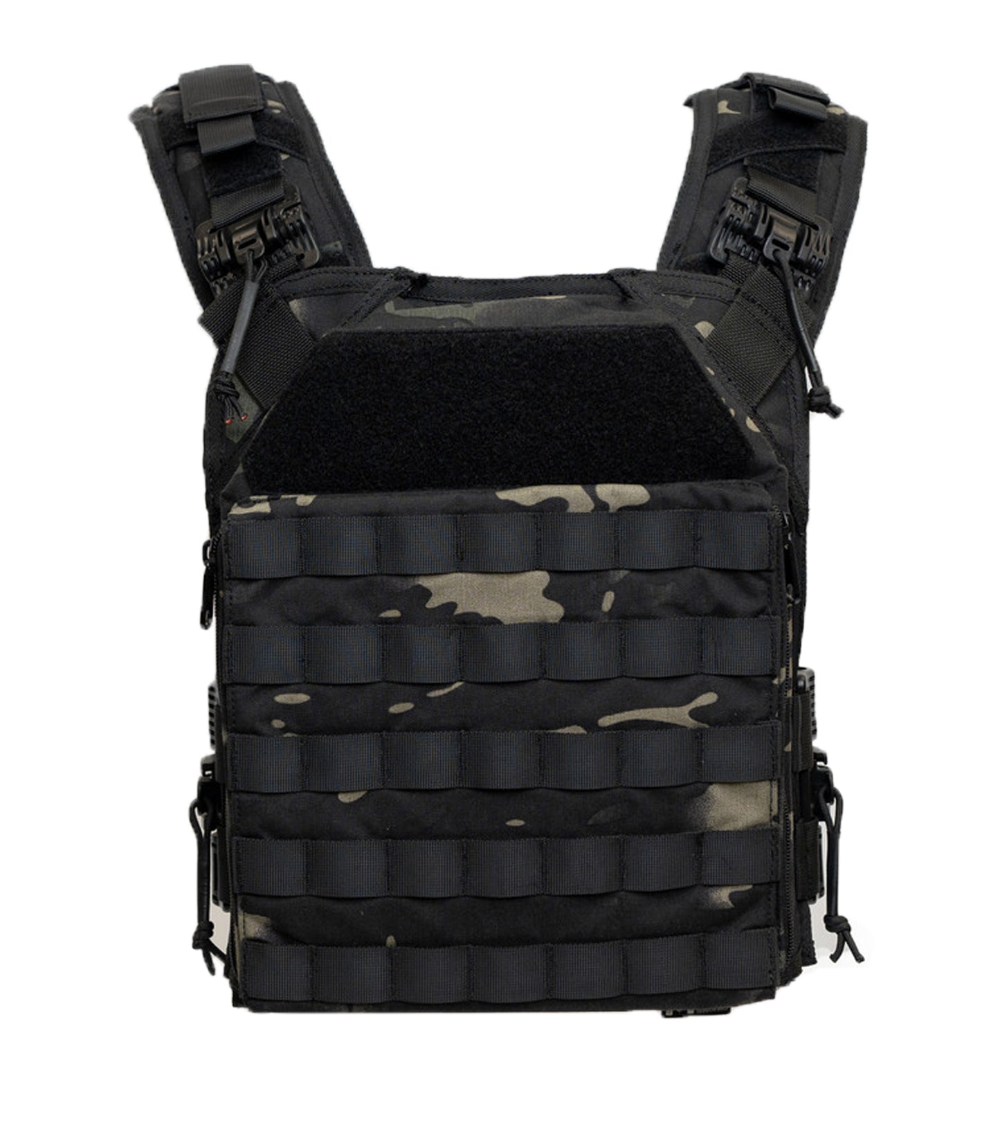 Black tactical vest with camouflage pattern on a white background