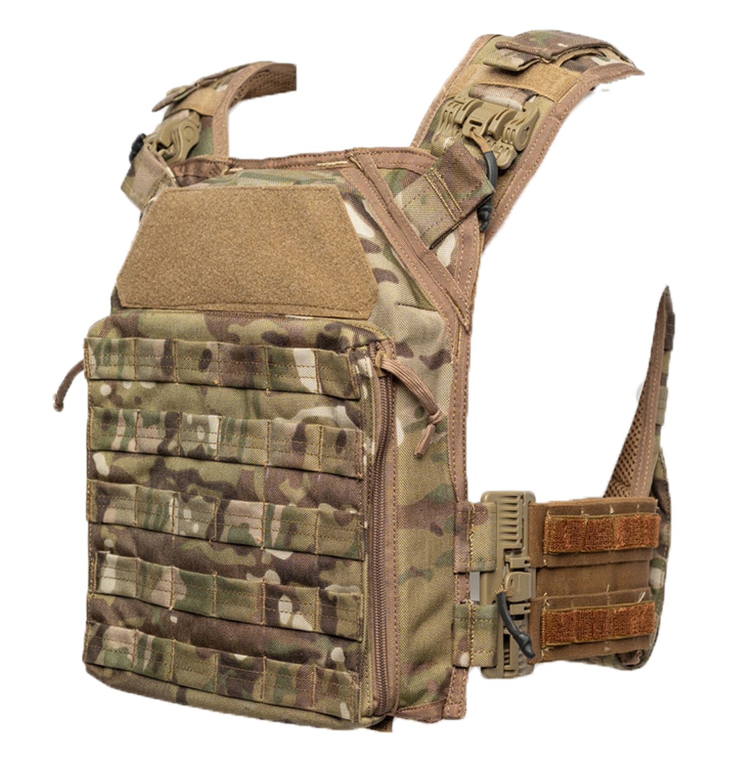 Camouflage tactical vest with multiple pouches and straps on a white background