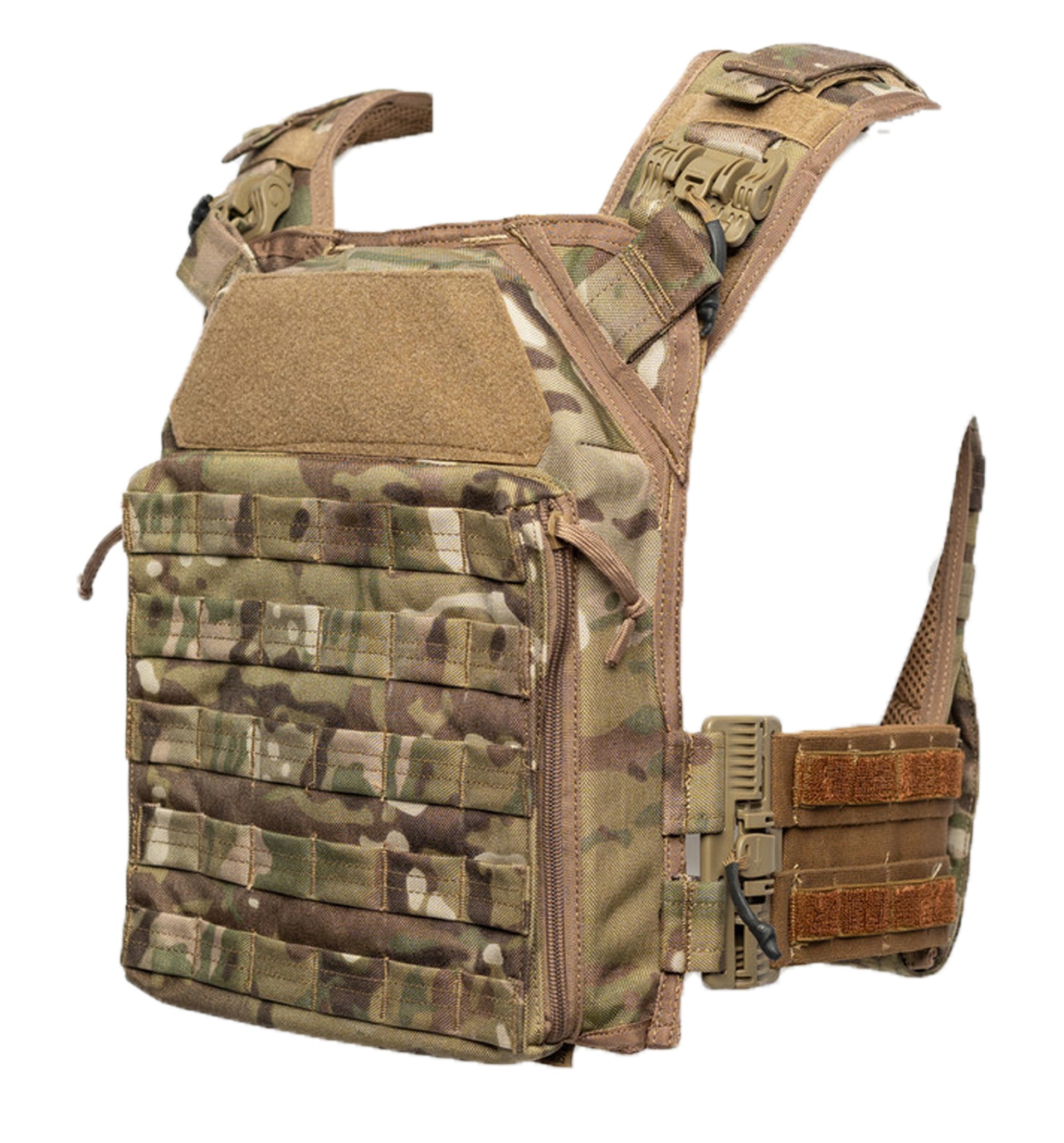 Camouflage tactical vest with multiple pouches and straps on a white background