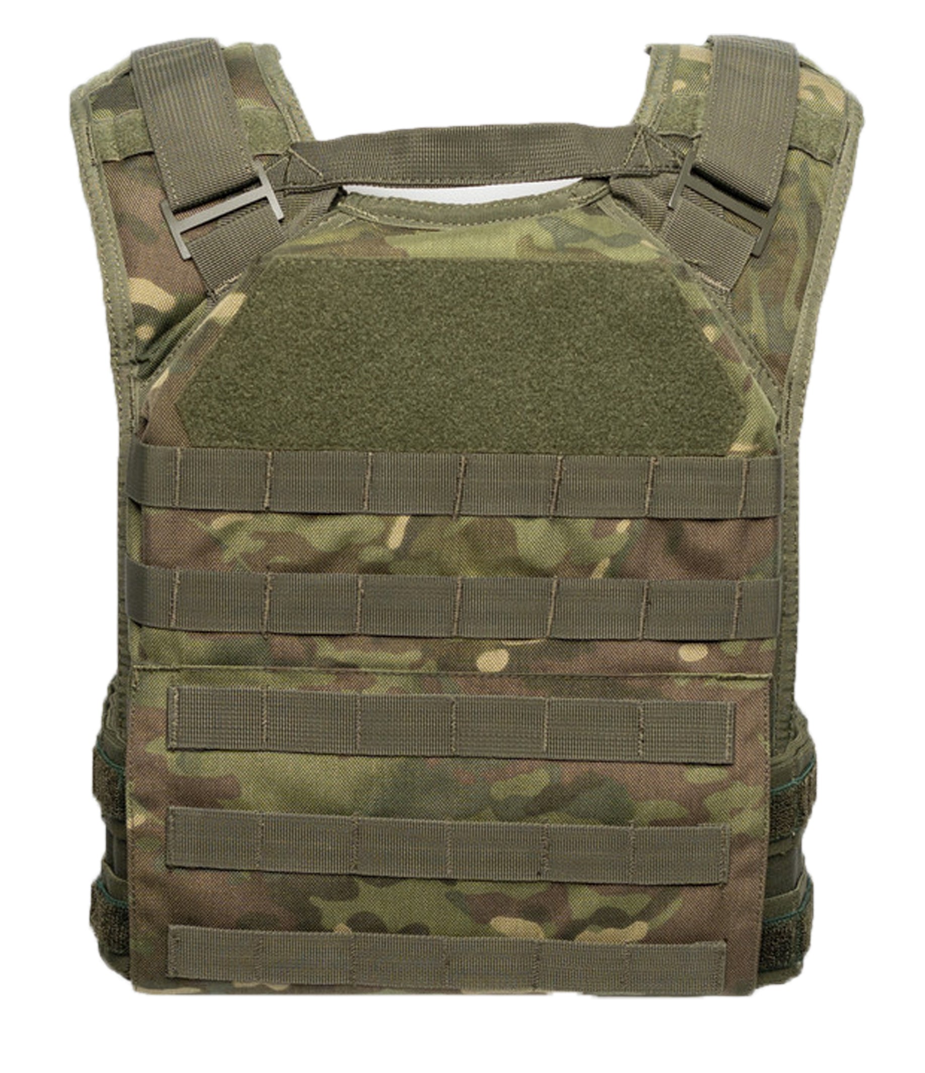 Camouflage tactical vest with multiple straps on a white background