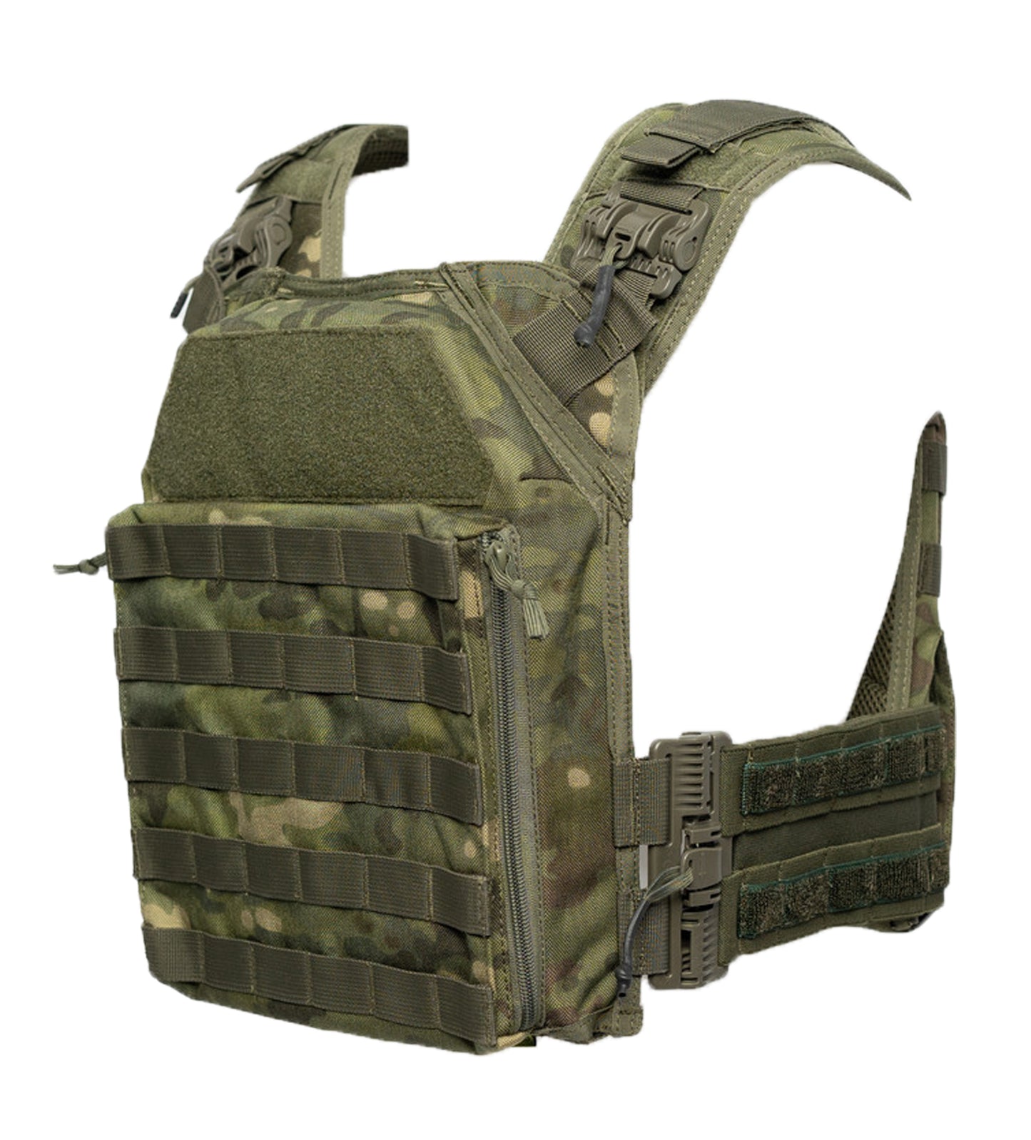 Green tactical vest with multiple straps and pockets on a white background