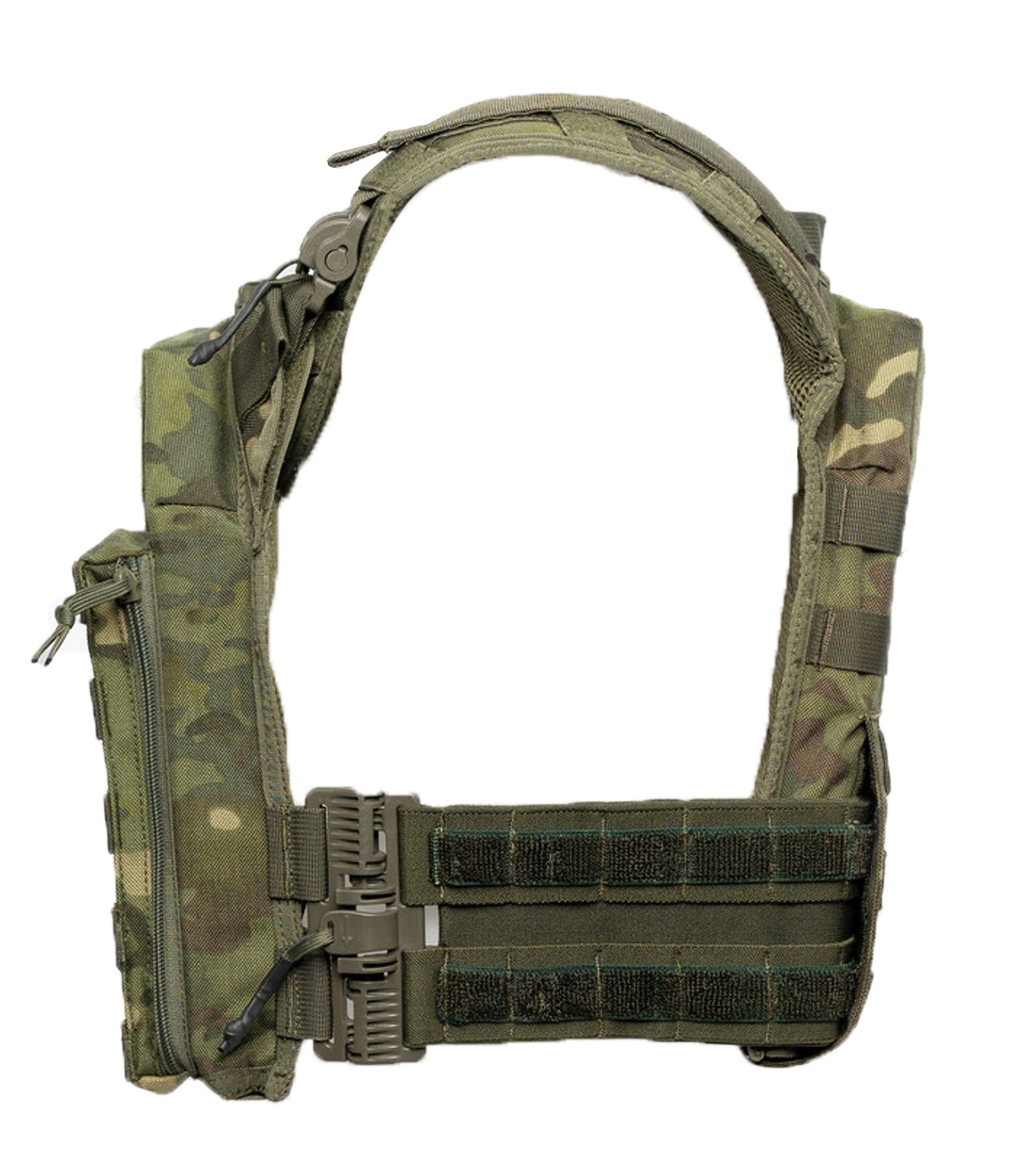Camouflage tactical vest with multiple pouches on a white background