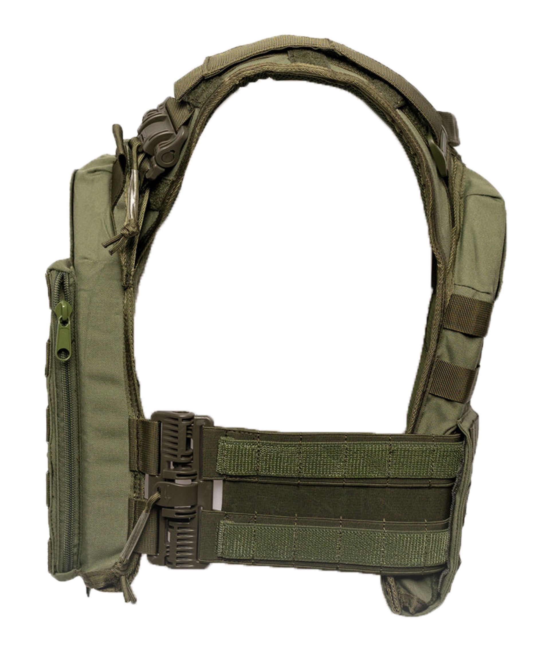 Green tactical vest with multiple pouches and straps on a white background