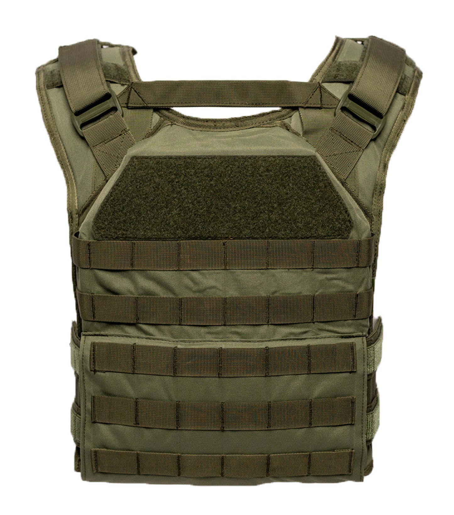 Green tactical vest with multiple straps on a white background