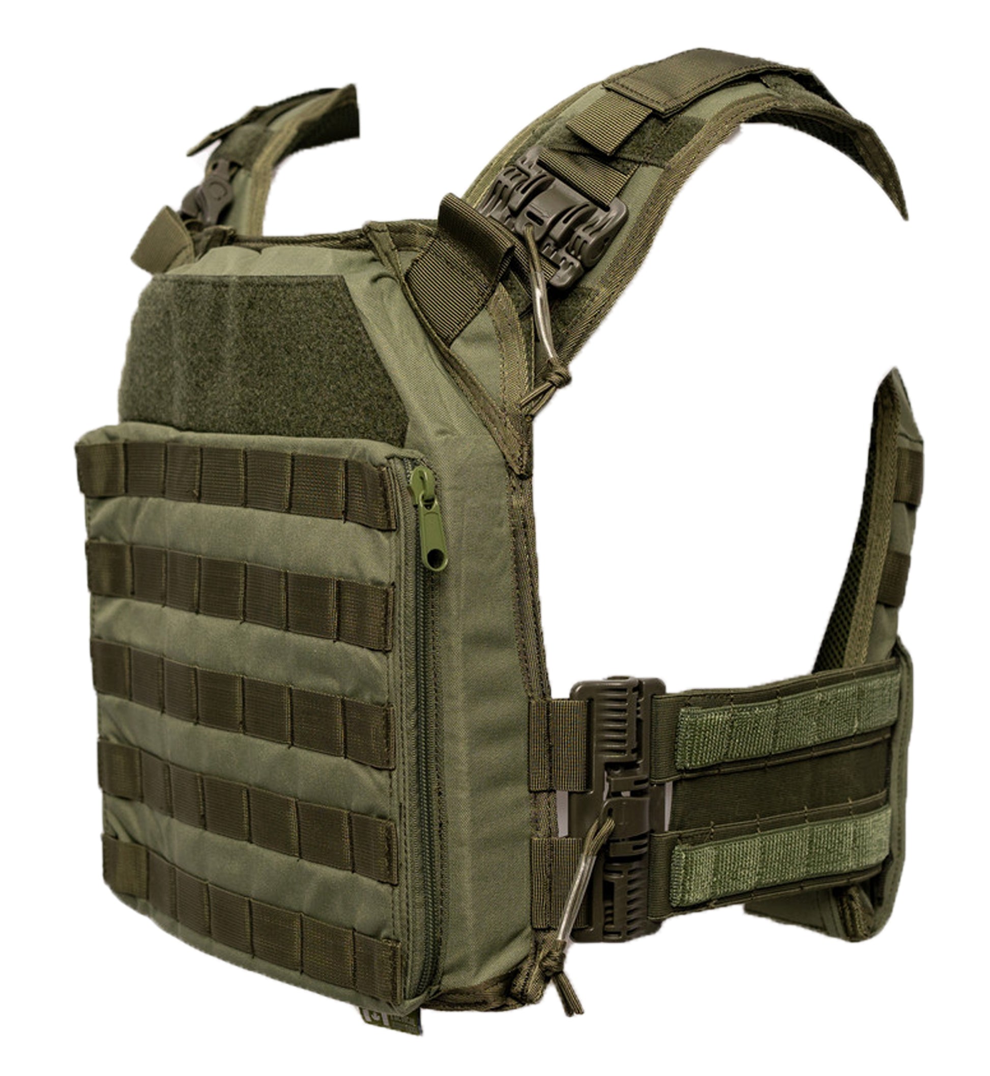 Green tactical vest with multiple straps and buckles on a white background