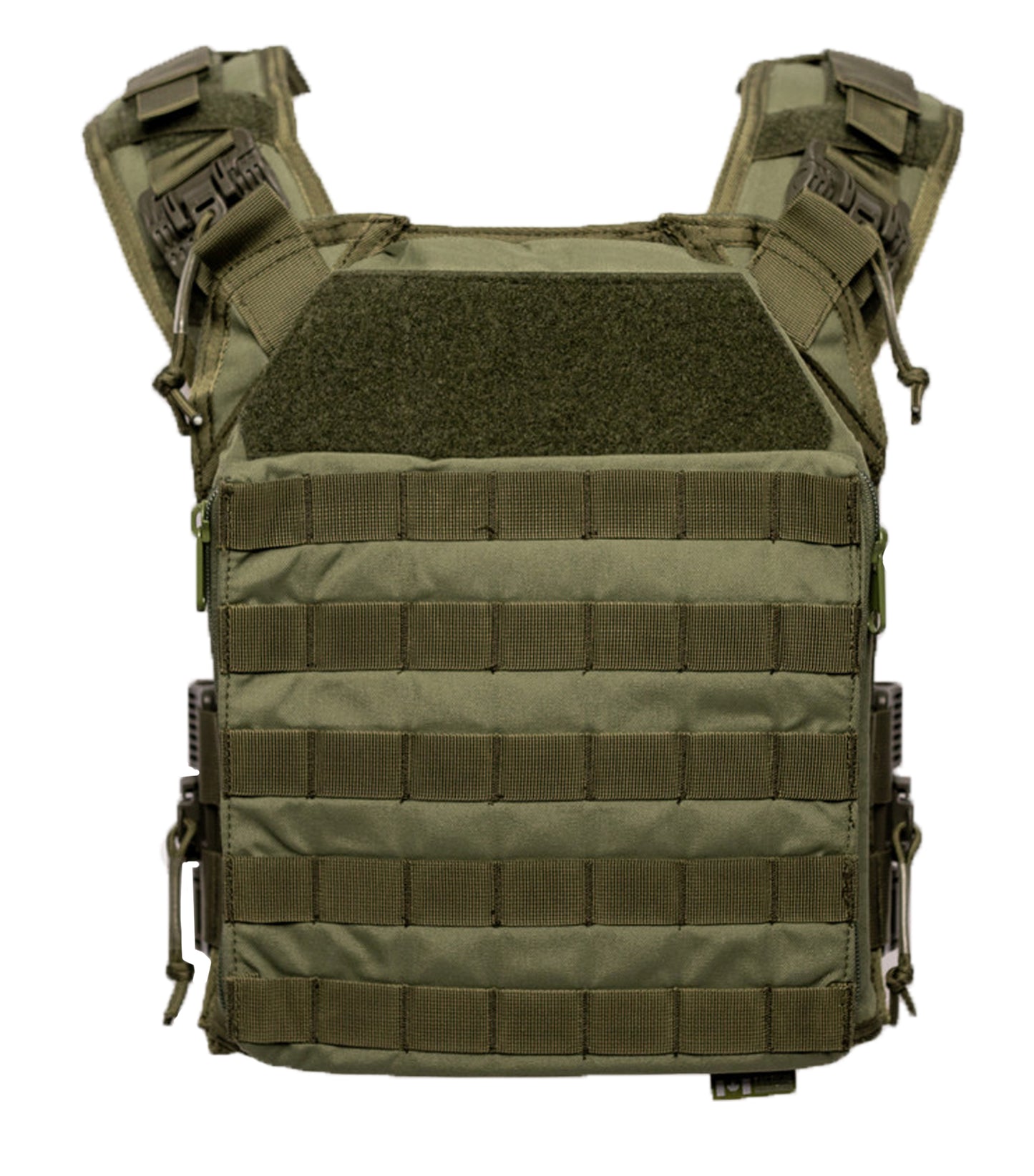Green tactical vest with multiple straps and pockets on a white background